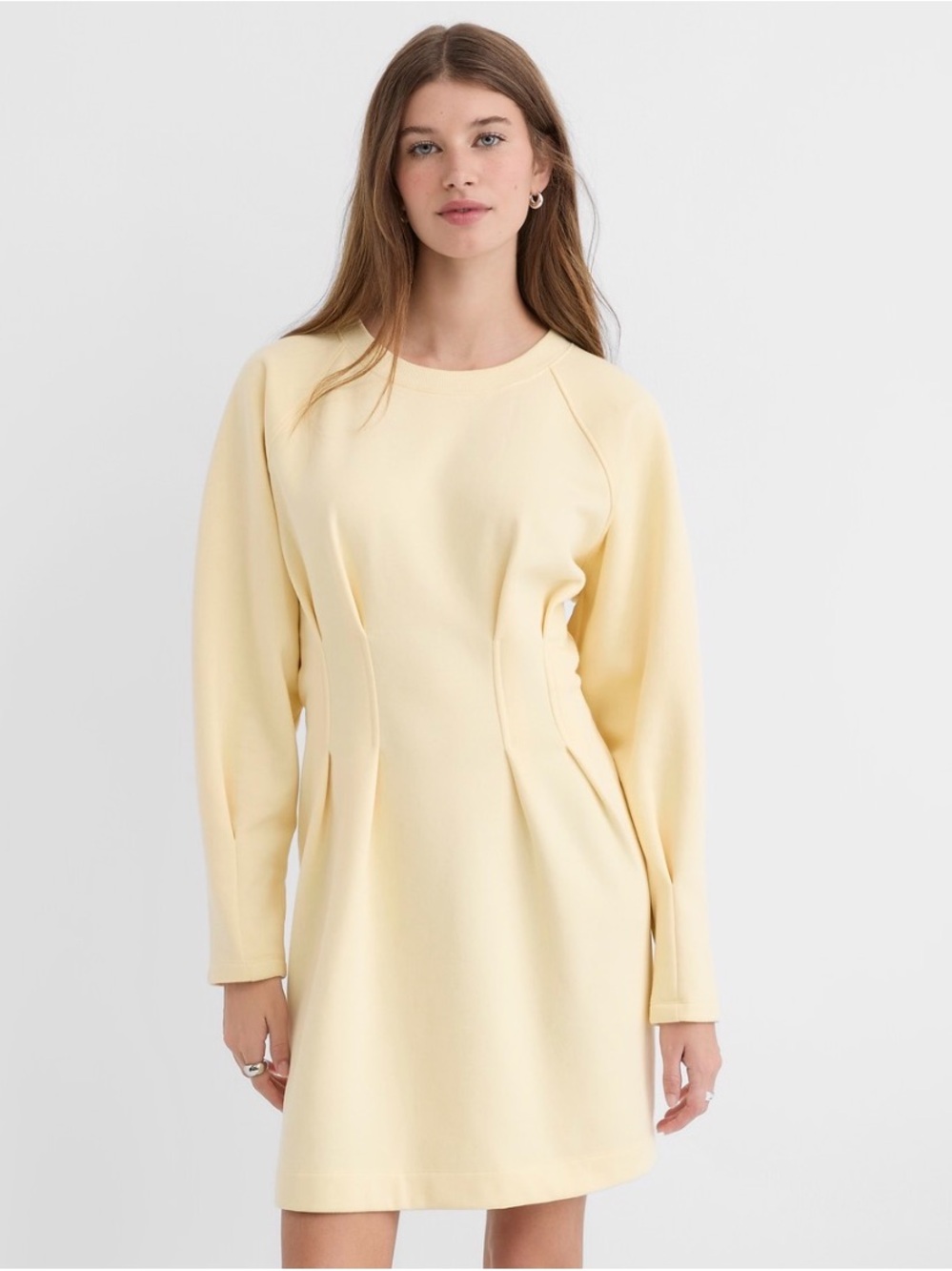 Loft Pleated Long Sleeve Sweatshirt Dress in Butter Yellow